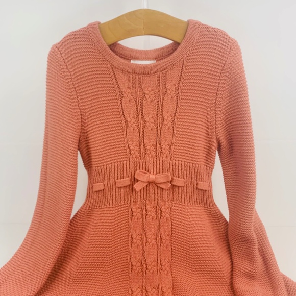 Girls Pink, cottagecore cable knit sweater dress, bow accent, boho balletcore - Picture 2 of 13